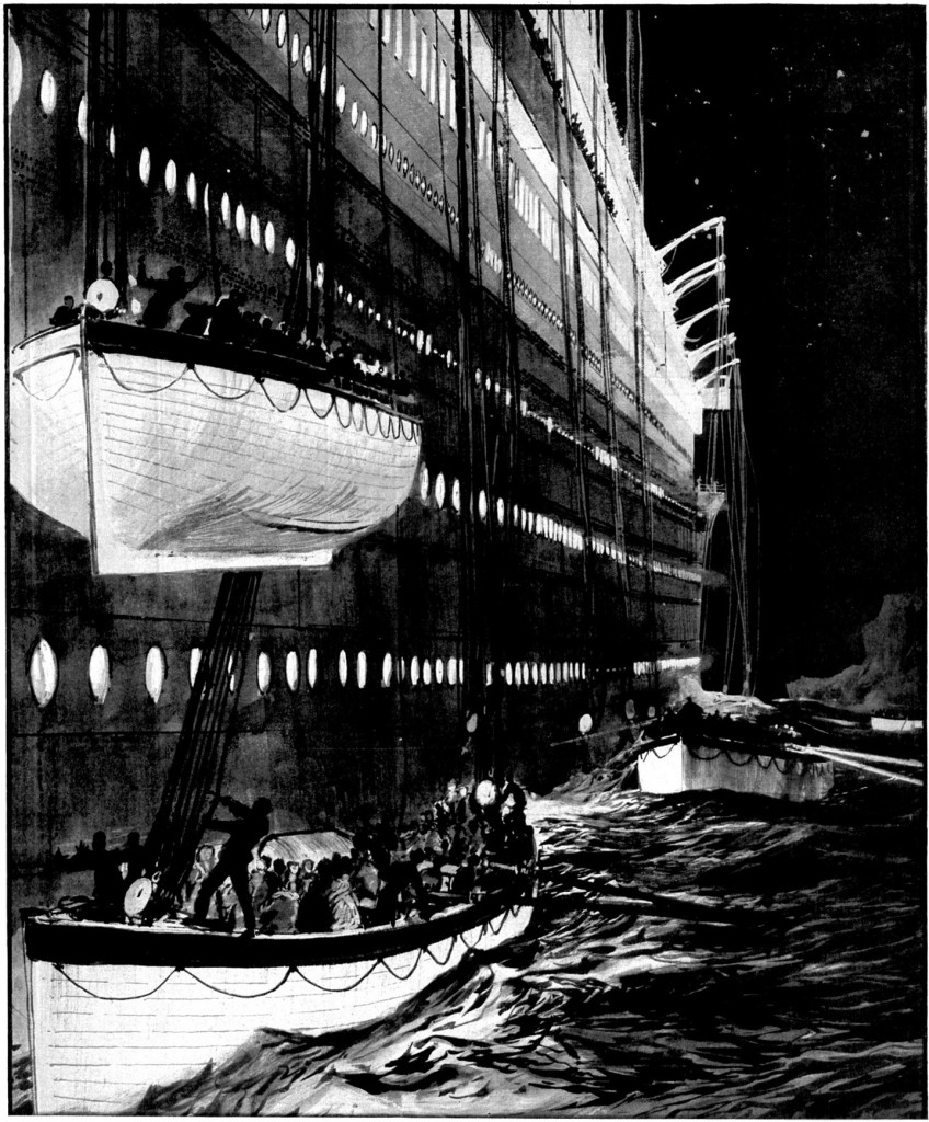 After being lowered into the sea, Boat 13 drifted under the descending Boat 15 (as depicted by Charles Dixon)