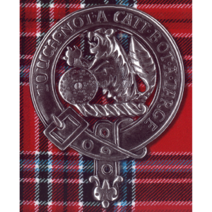Clan MacBean crest badge: a wildcat holding a targe, with the motto Touch not a catt bot a targe