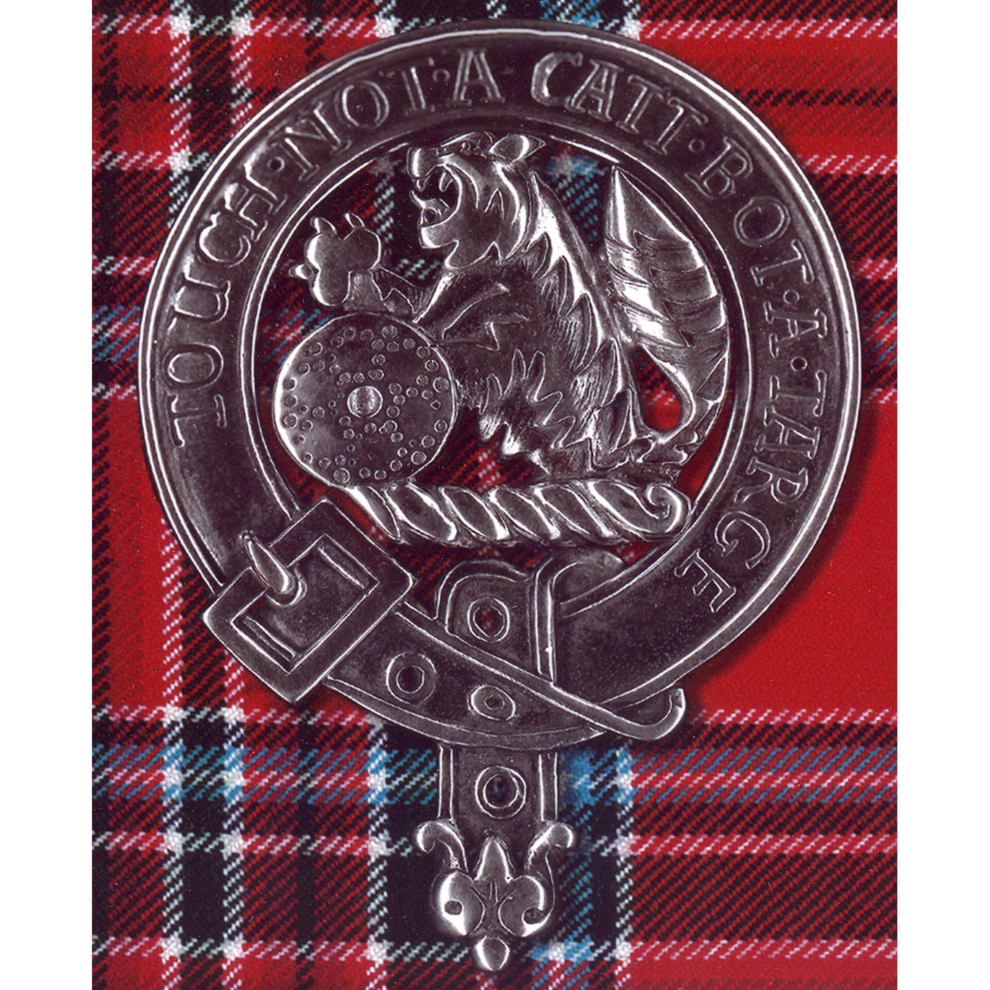 Clan MacBean crest badge: a wildcat holding a targe, with the motto Touch not a catt bot a targe
