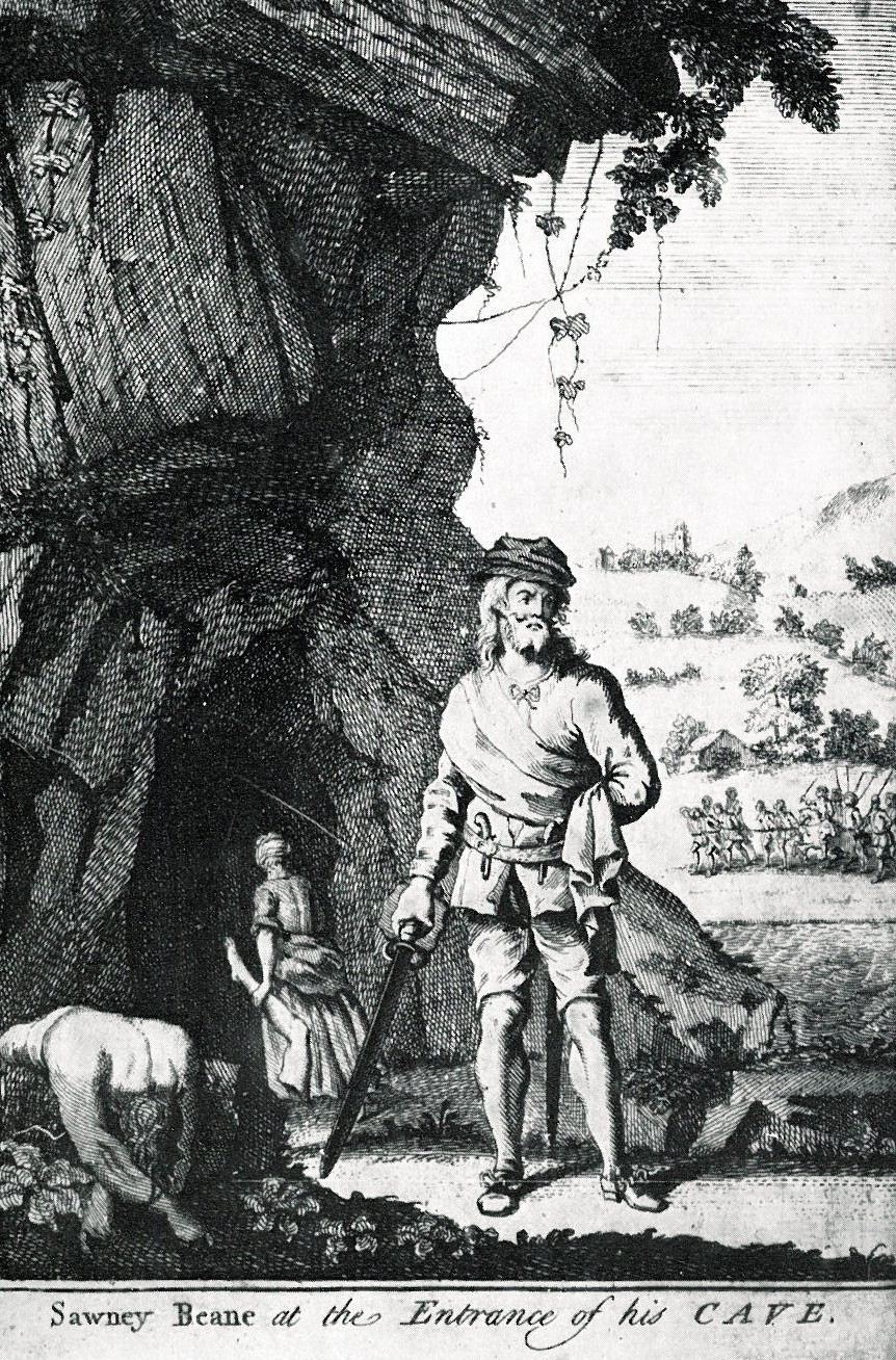Old engraving of the legendary Sawney Beane at the mouth of his cave